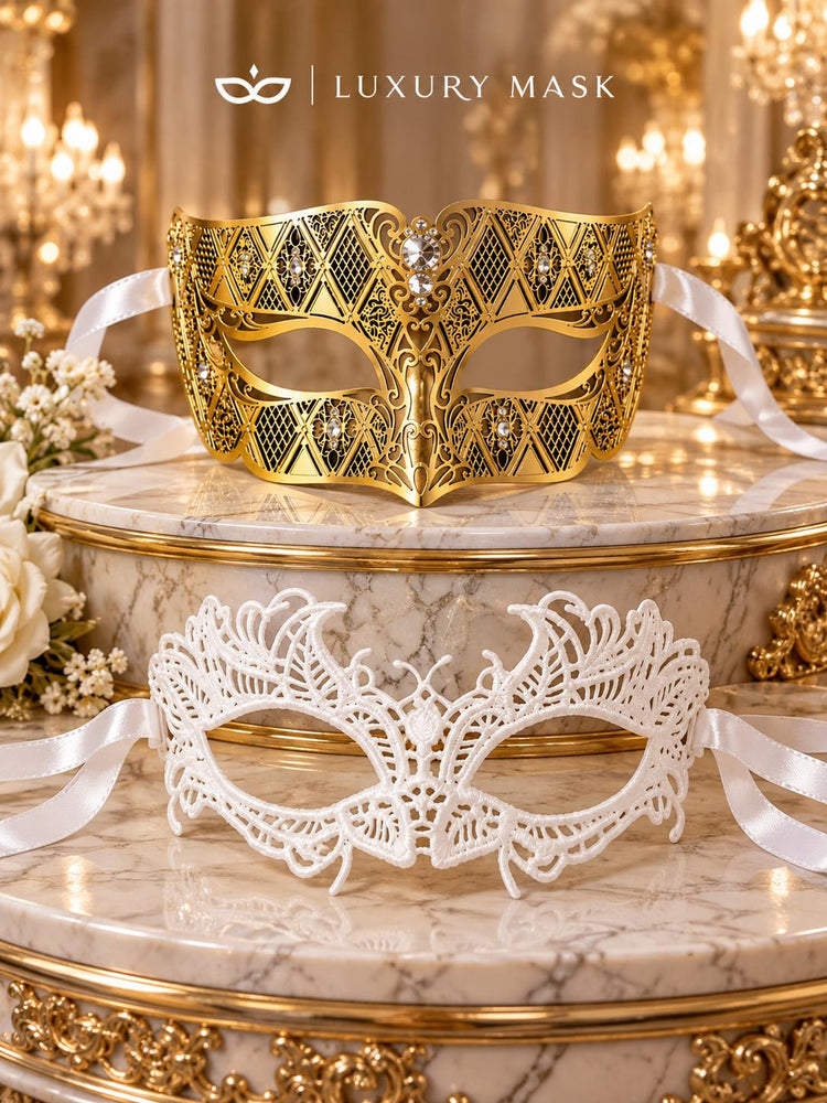White Lace Mask for Women & Gold Diamond Stone Mask for Men – product photo 6