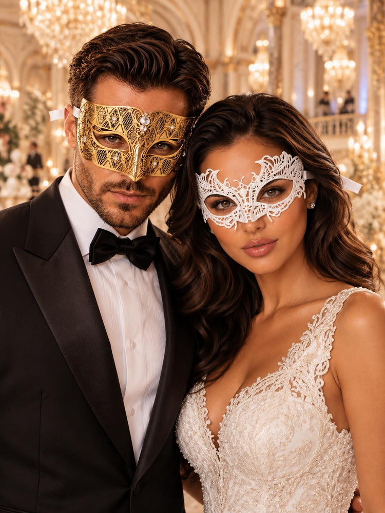 White Lace Mask for Women & Gold Diamond Stone Mask for Men
