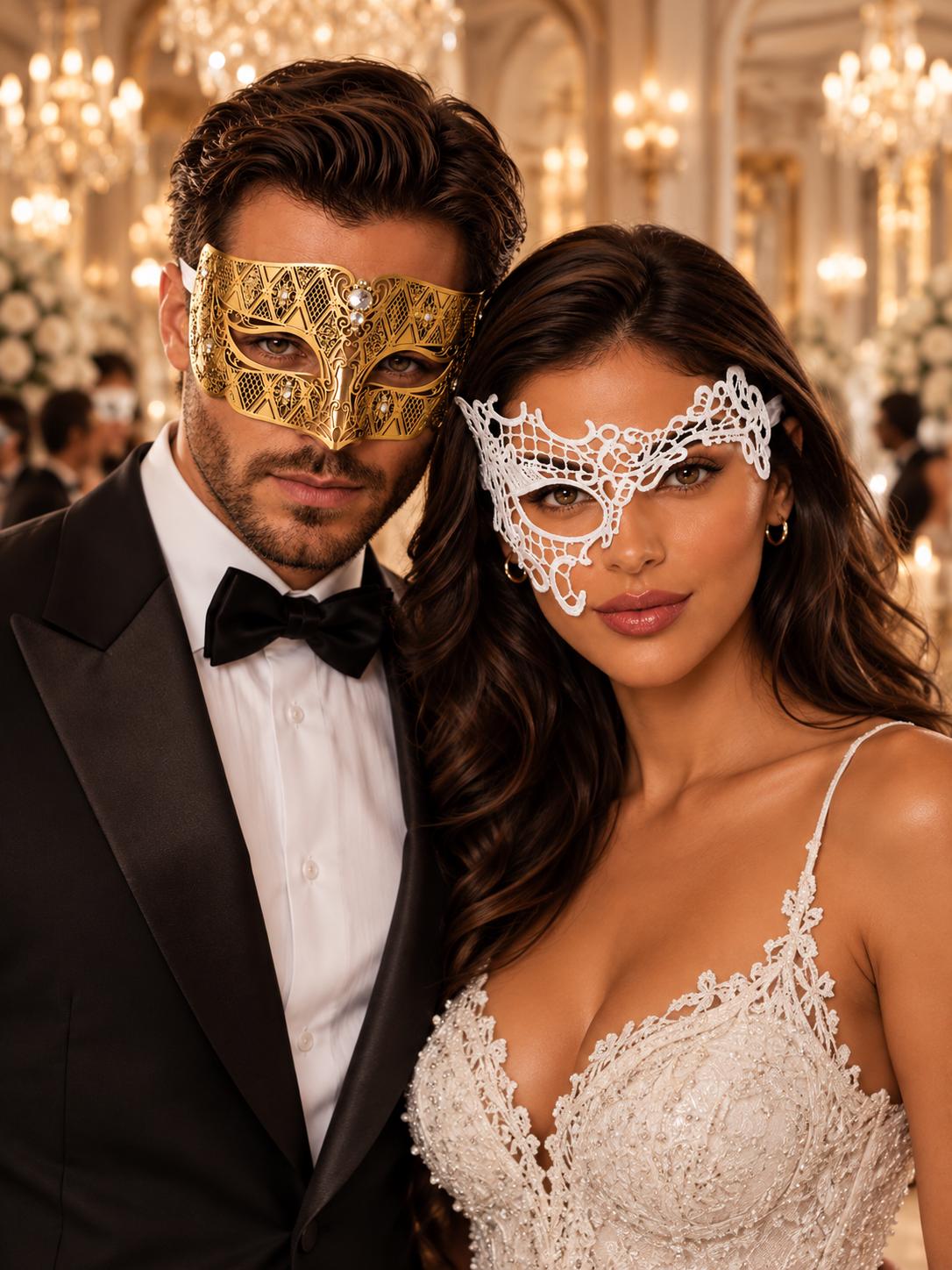 Gold Diamond Mask for Men & White Phantom Lace Mask for Women