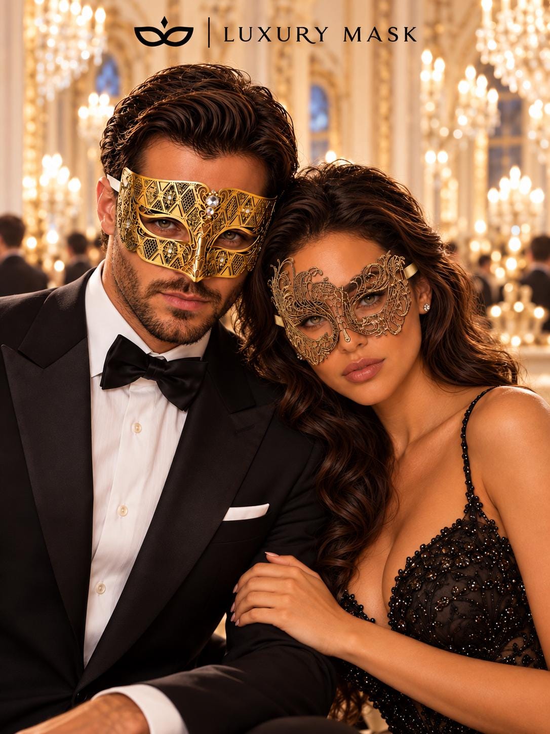 Gold Swan Lace Mask for Women & Diamond Clear Stone Venetian Mask for Men – product photo 4