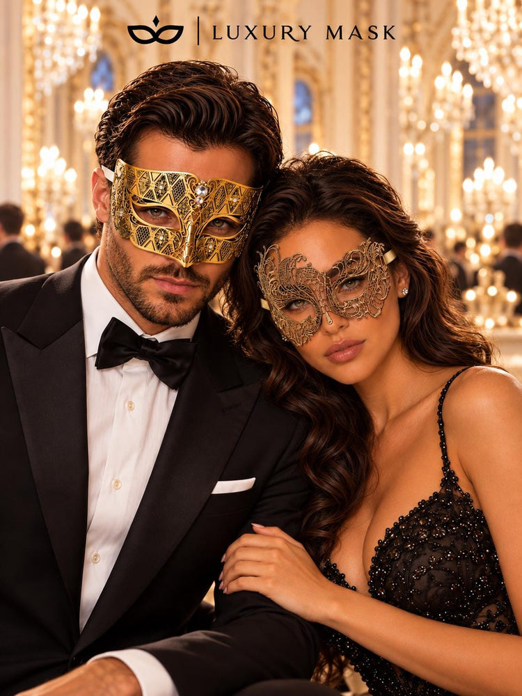 Gold Swan Lace Mask for Women & Diamond Clear Stone Venetian Mask for Men – product photo 4