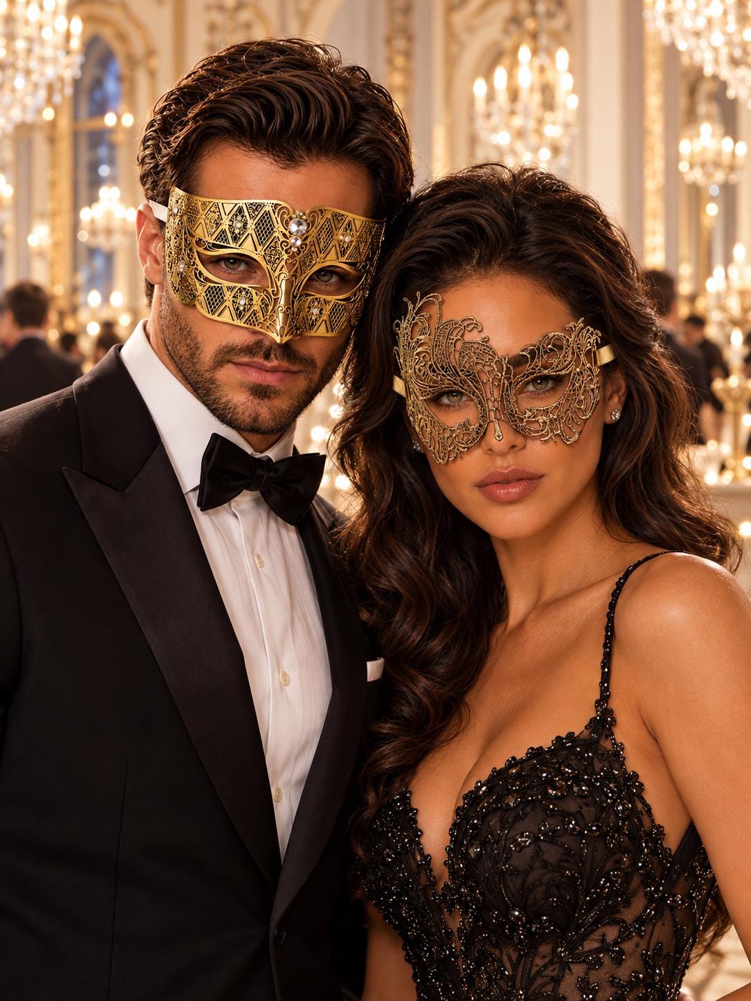 Gold Swan Lace Mask for Women & Diamond Clear Stone Venetian Mask for Men