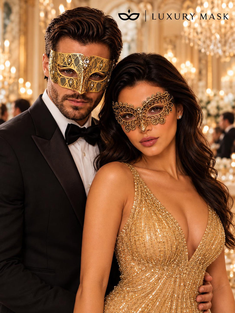 Gold Black Lace Mask for Women with Gold Diamond Stone Mask for Men – product photo 2