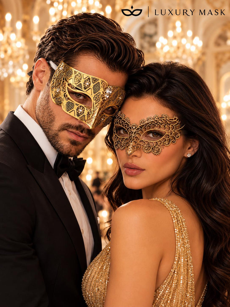 Gold Black Lace Mask for Women with Gold Diamond Stone Mask for Men – product photo 3