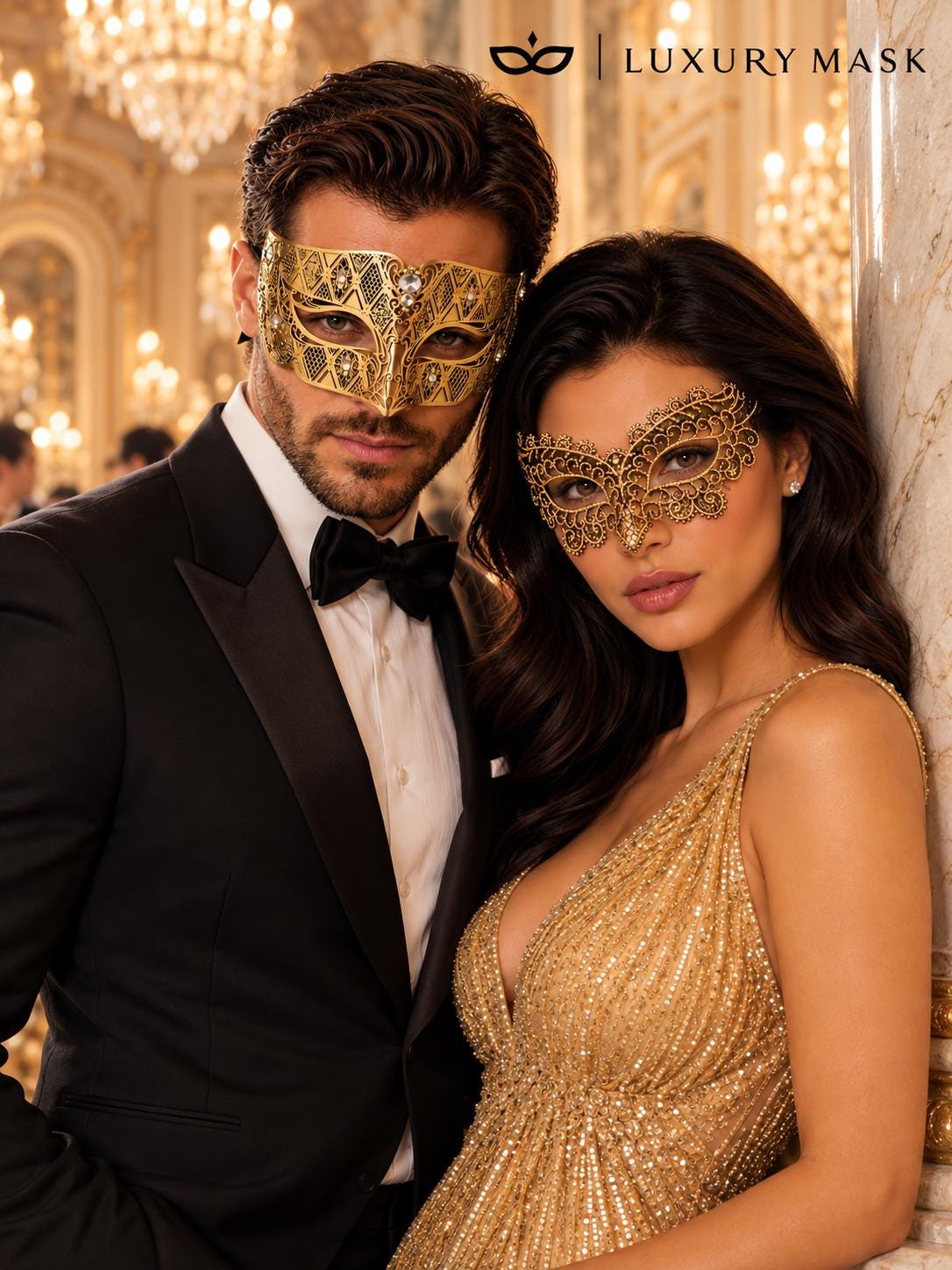 Gold Black Lace Mask for Women with Gold Diamond Stone Mask for Men – product photo 5