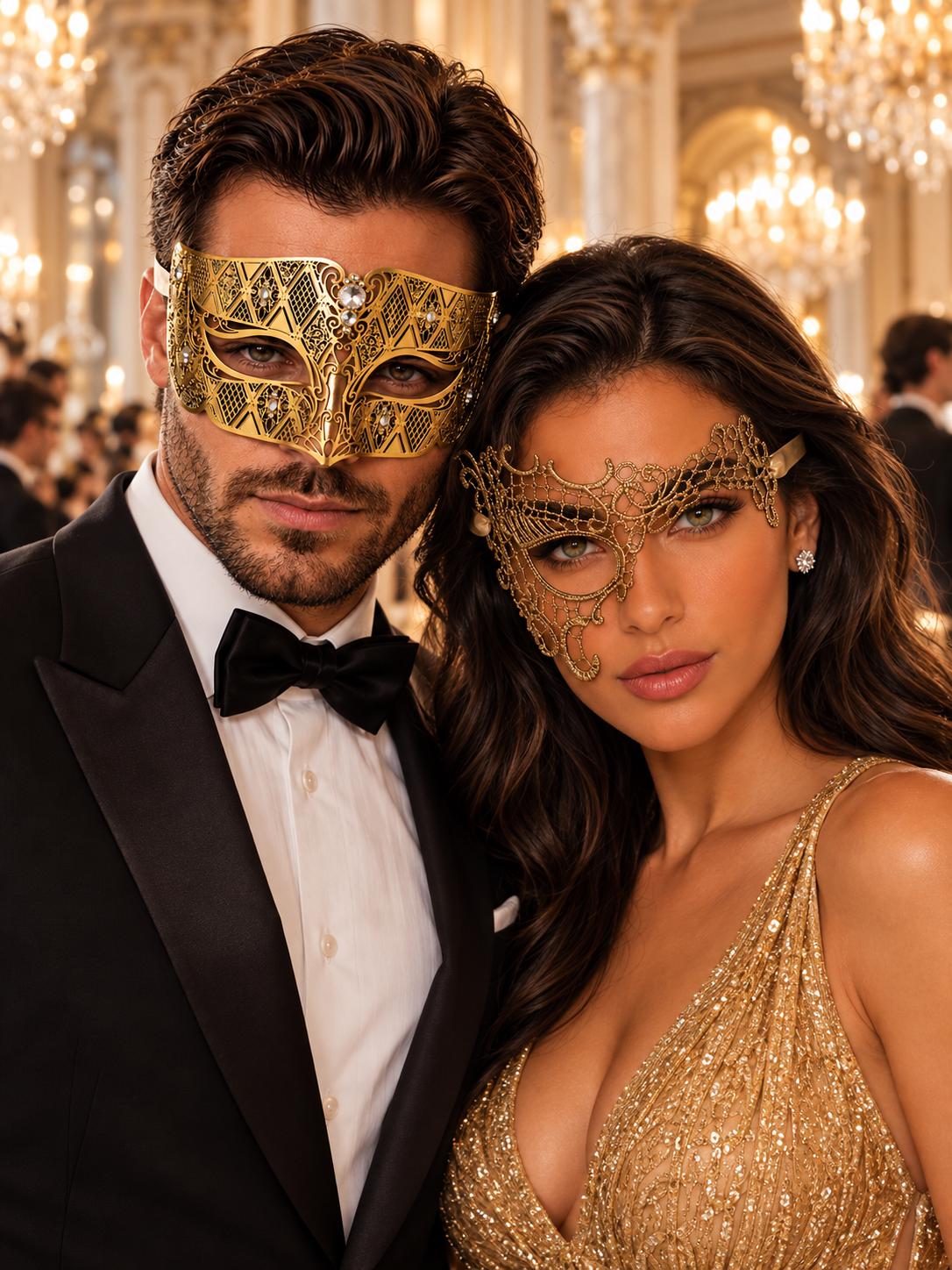 Gold Phantom Lace Mask & Diamond Clear Stone Venetian Mask