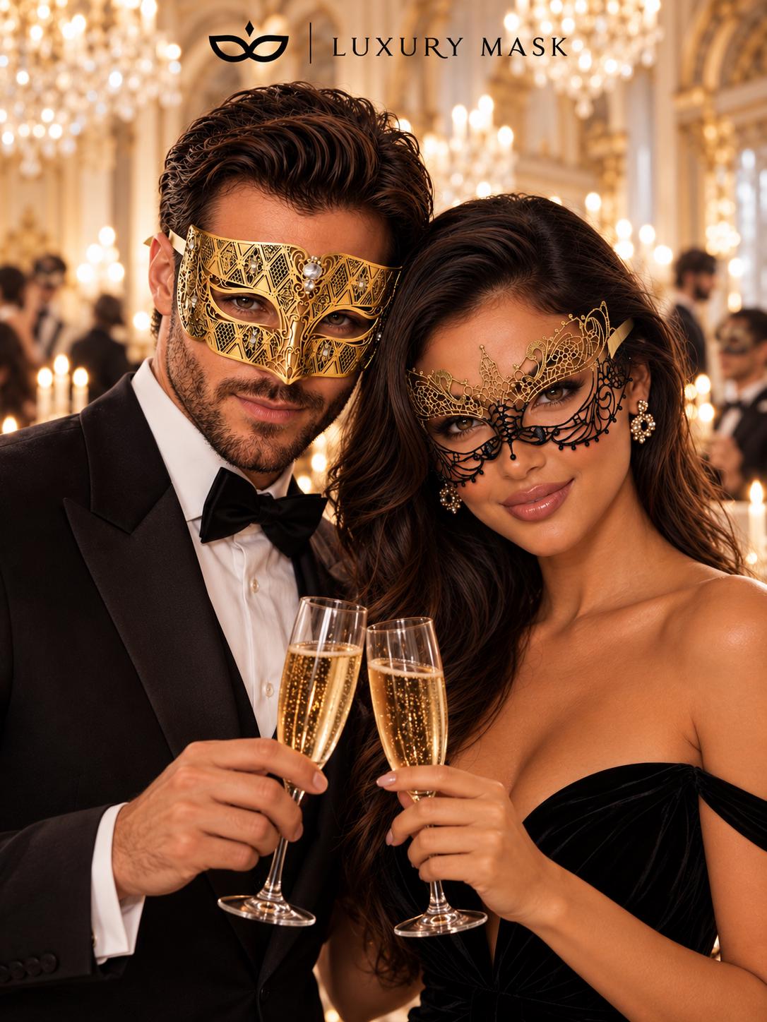Black Gold Lace Mask for Women & Gold Diamond Venetian Mask for Men – product photo 5