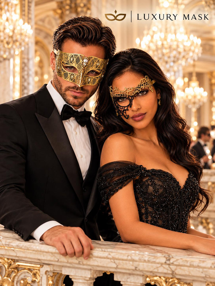 Gold Diamond Clear Stone Mask for Men & Black Gold Phantom Lace Mask for Women – product photo 2