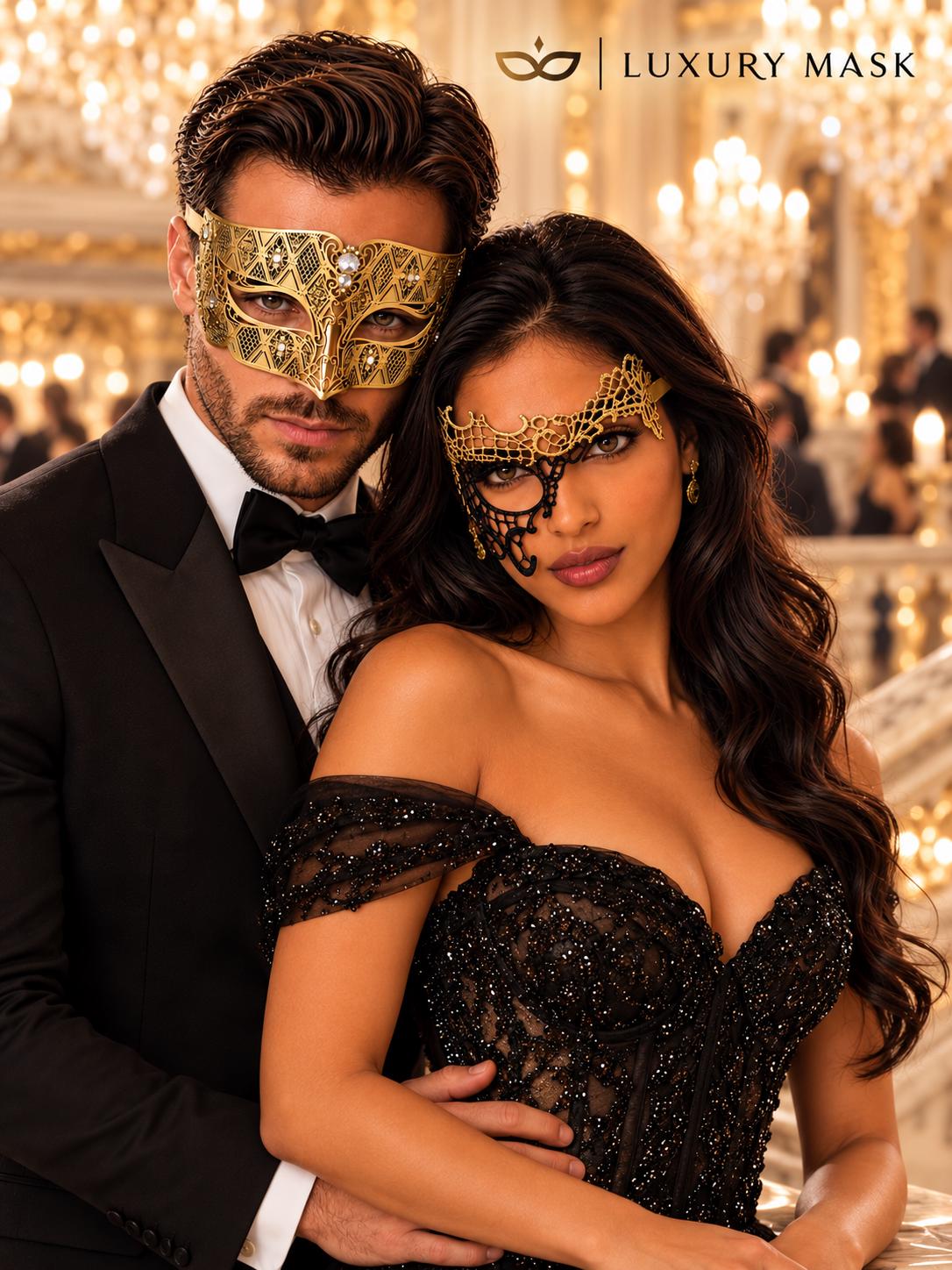 Gold Diamond Clear Stone Mask for Men & Black Gold Phantom Lace Mask for Women – product photo 3