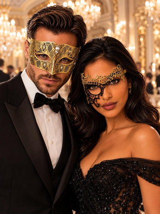 Gold Diamond Clear Stone Mask for Men & Black Gold Phantom Lace Mask for Women