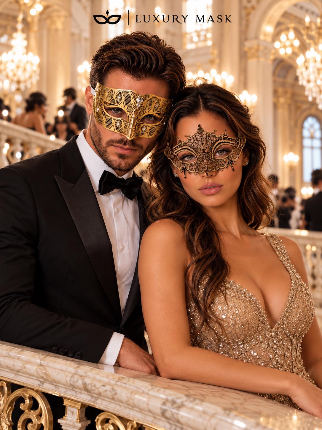 Gold Diamond Clear Stone Venetian Mask & Antique Gold Lace Mask – product photo 2