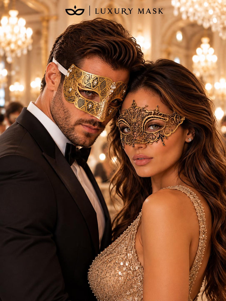 Gold Diamond Clear Stone Venetian Mask & Antique Gold Lace Mask – product photo 3