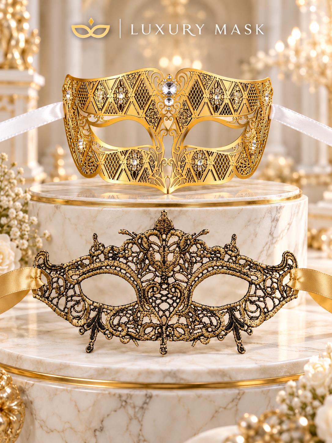Gold Diamond Clear Stone Venetian Mask & Antique Gold Lace Mask – product photo 6