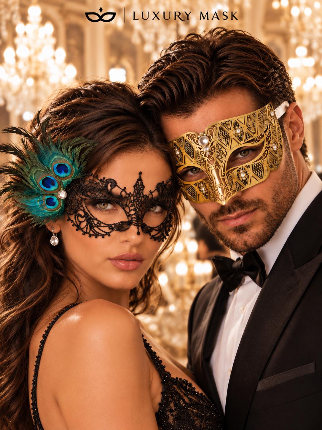 Gold Diamond Stone Mask for Men & Black Peacock Feather Lace Mask for Women – product photo 2
