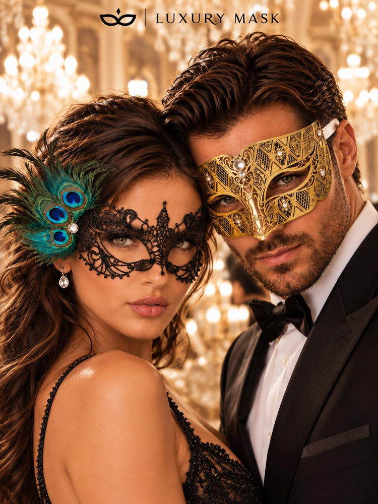 Gold Diamond Stone Mask for Men & Black Peacock Feather Lace Mask for Women – product photo 2
