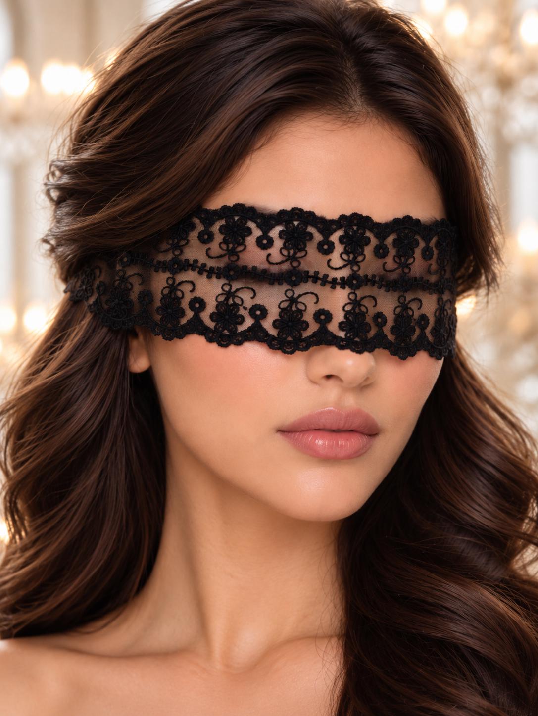 Black Sheer Lace Blindfold with Ribbon Ties | Floral Boudoir Eye Mask for Women, Romantic Nightwear, Bridal & Honeymoon - product view 8