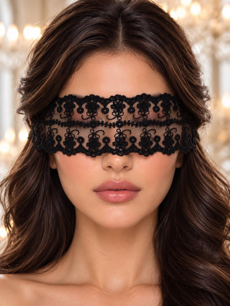 Black Sheer Lace Blindfold with Ribbon Ties | Floral Boudoir Eye Mask for Women, Romantic Nightwear, Bridal & Honeymoon