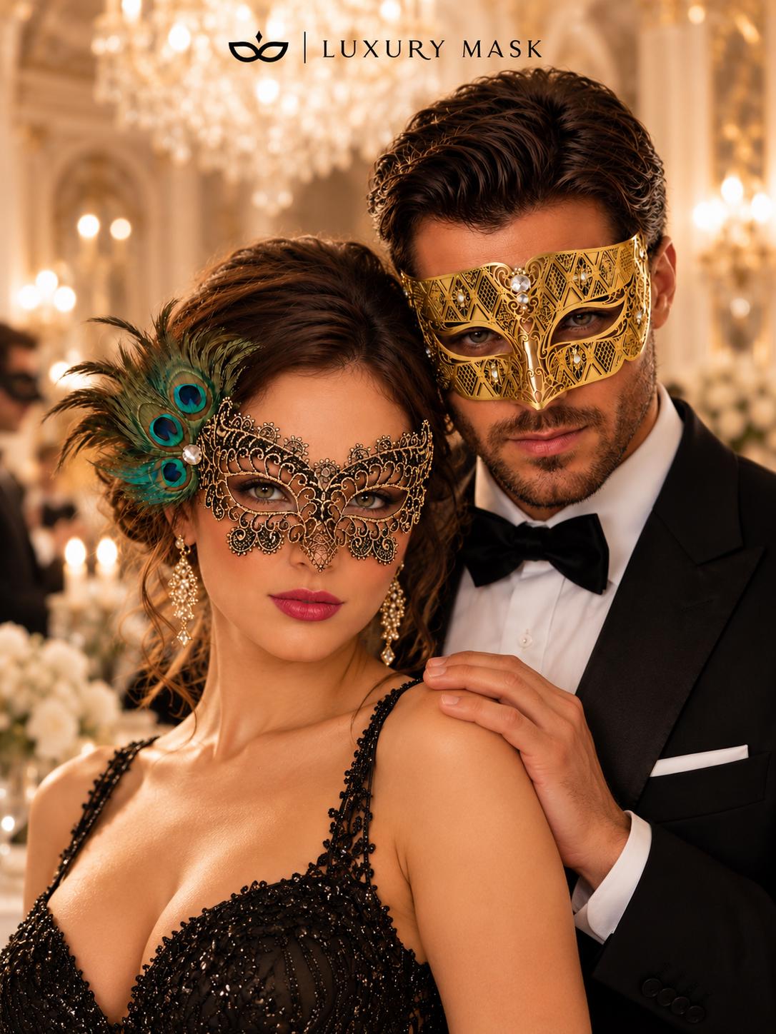 Gold Black Peacock Feather Lace Mask & Gold Diamond Venetian Mask – product photo 2
