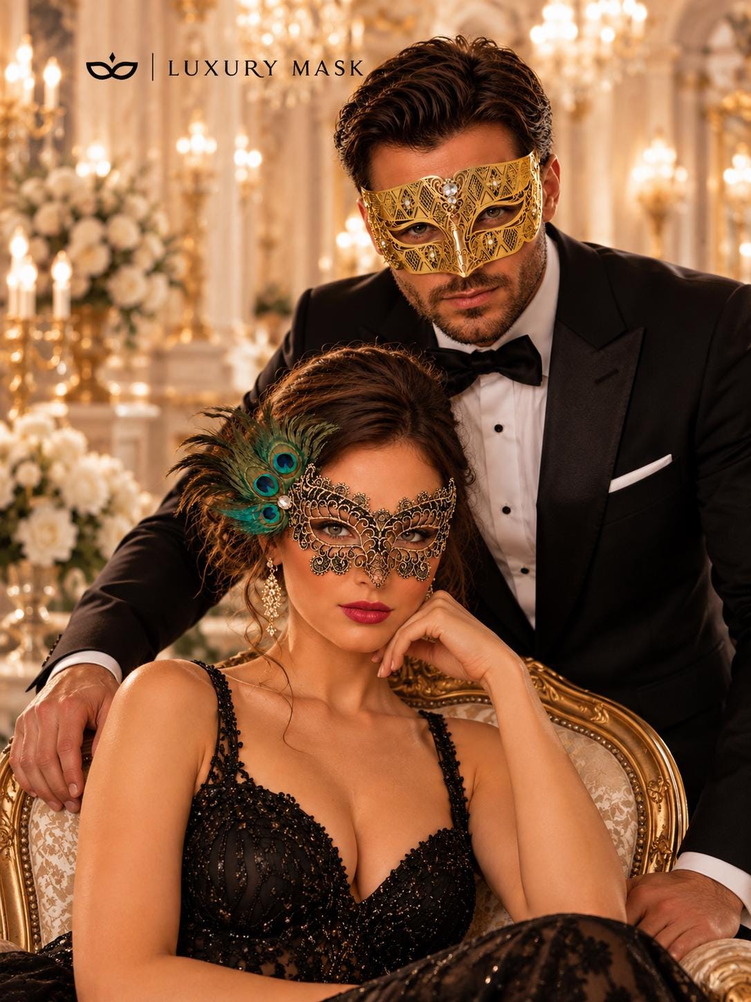 Gold Black Peacock Feather Lace Mask & Gold Diamond Venetian Mask – product photo 5