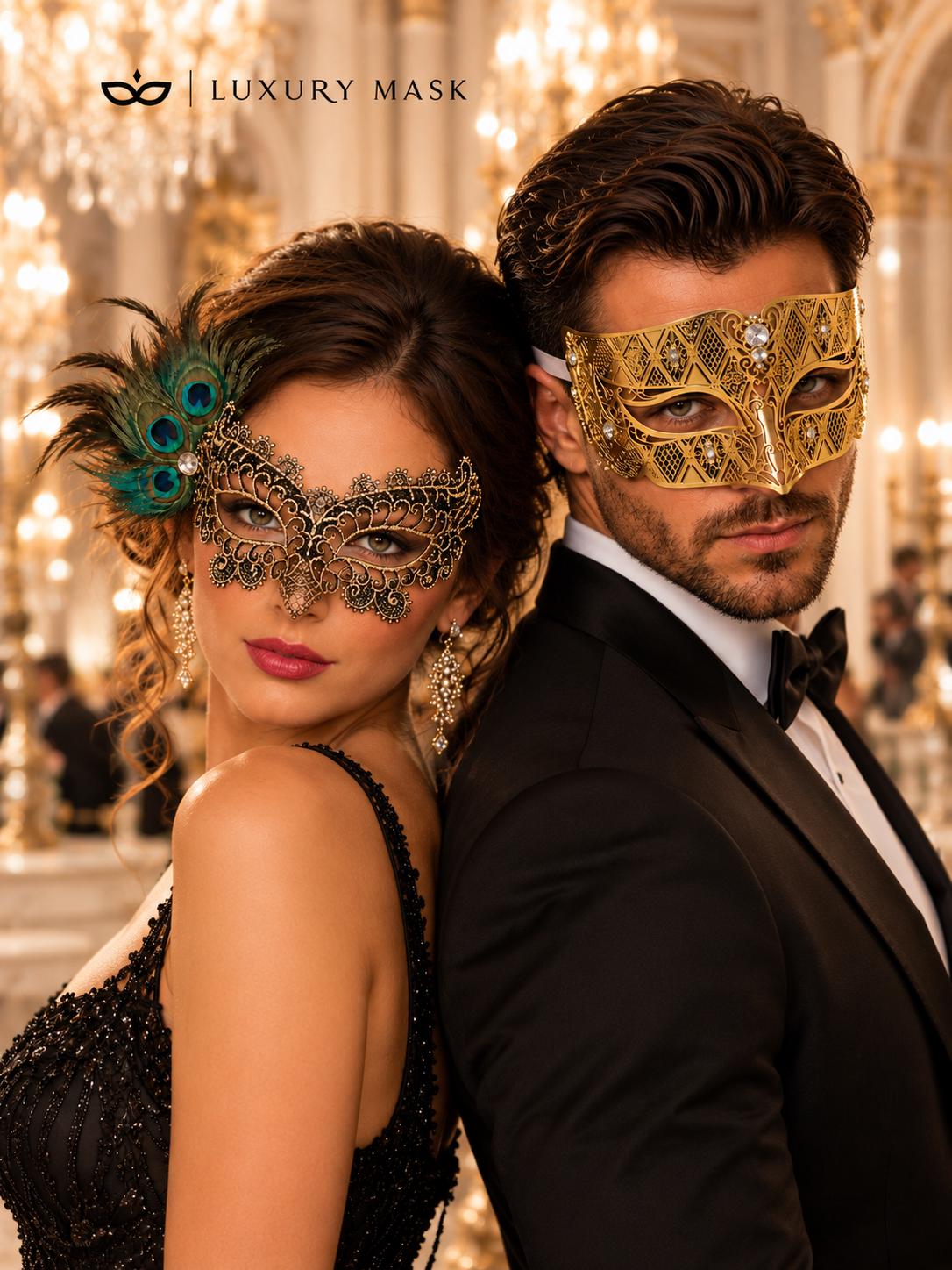 Gold Black Peacock Feather Lace Mask & Gold Diamond Venetian Mask – product photo 4