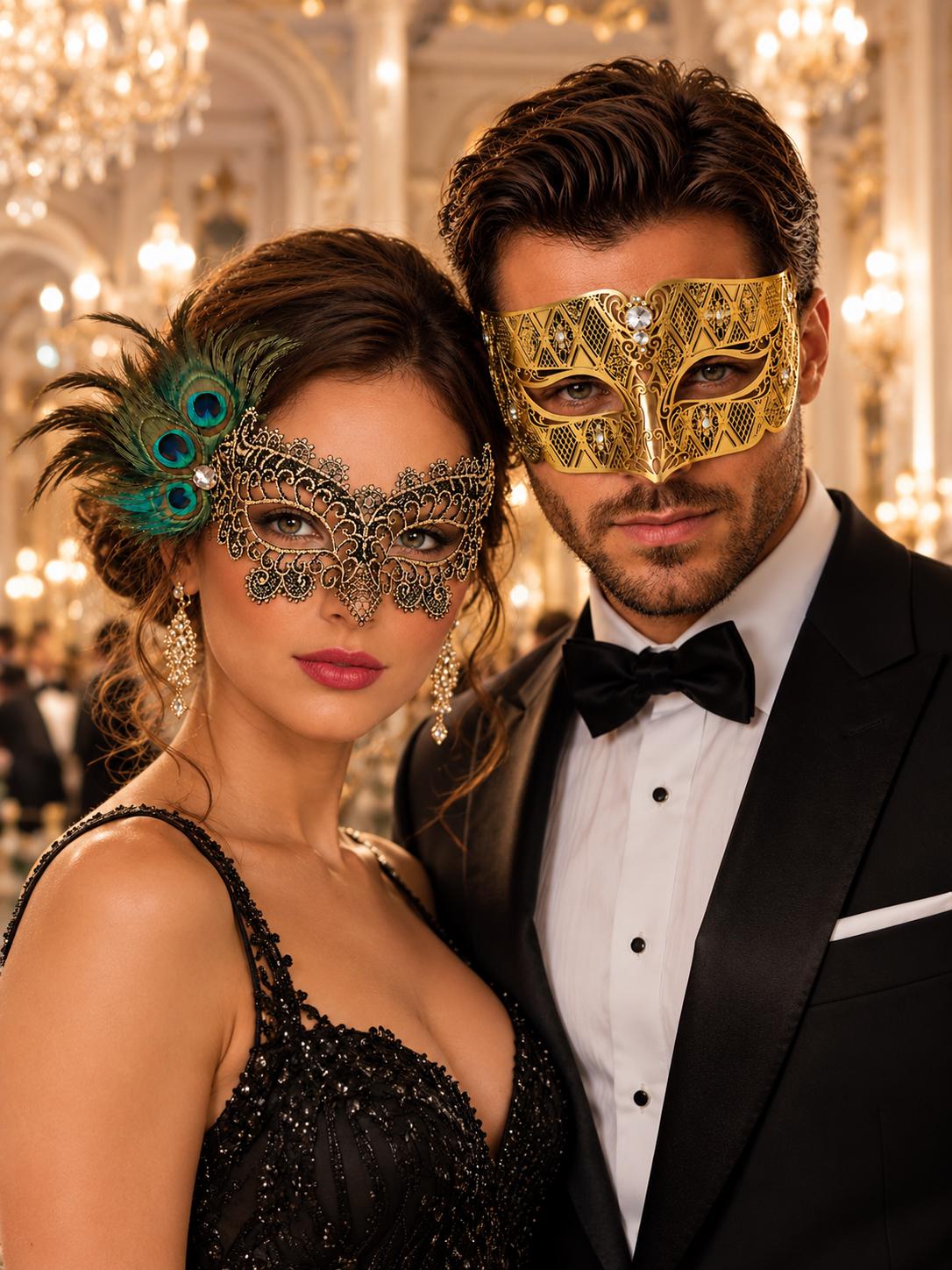 Gold Black Peacock Feather Lace Mask & Gold Diamond Venetian Mask