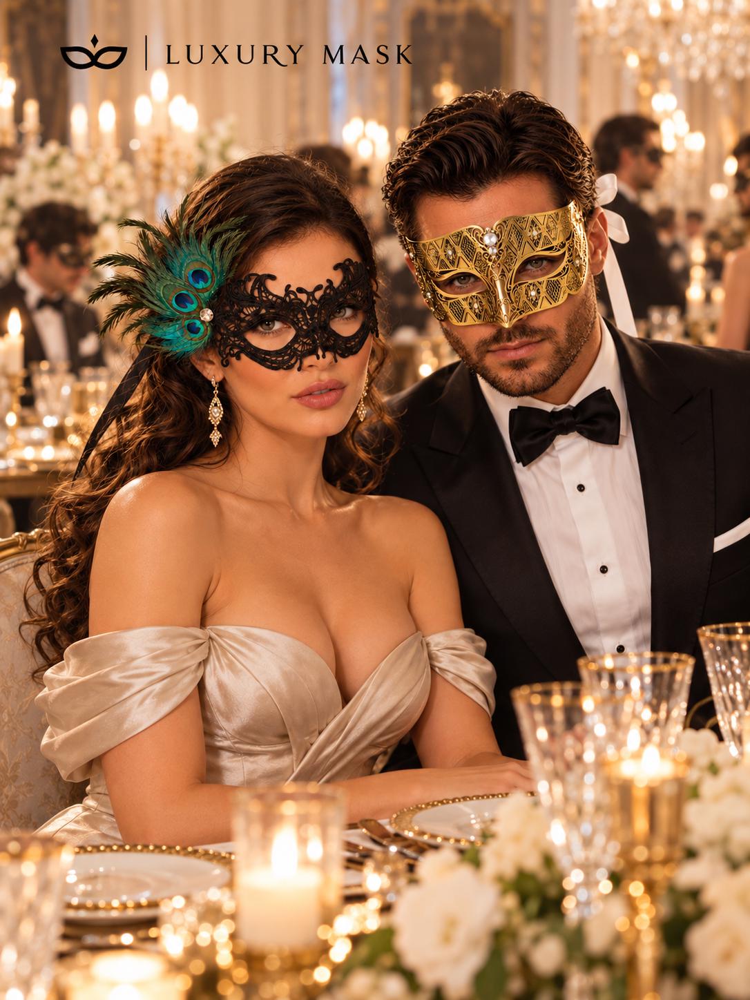 Black Peacock Lace Mask for Women & Gold Clear Stone Venetian Mask for Men – product photo 4