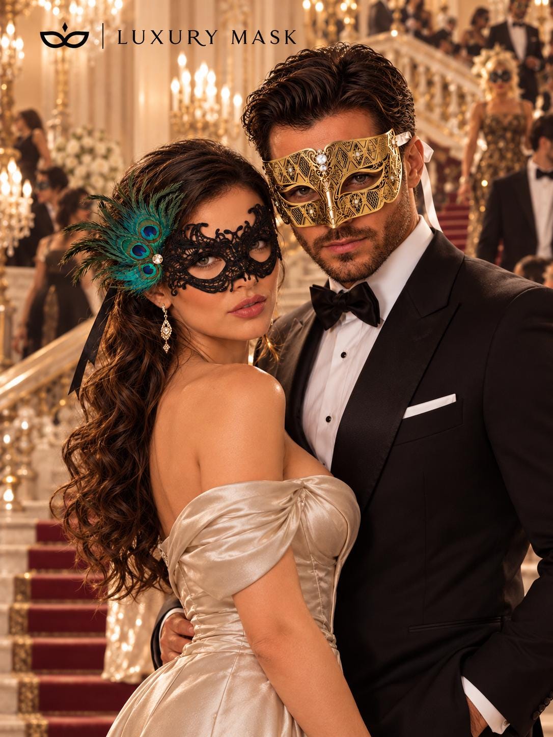 Black Peacock Lace Mask for Women & Gold Clear Stone Venetian Mask for Men – product photo 3