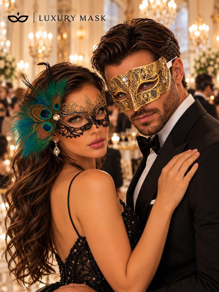 Black Gold Peacock Feather Lace Mask for Women & Gold Diamond Clear Stone Venetian Mask for Men – product photo 4