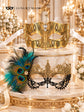 Black Gold Peacock Feather Lace Mask for Women & Gold Diamond Clear Stone Venetian Mask for Men – product photo 6