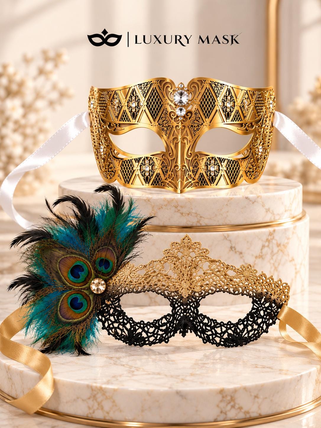 Black Gold Flower Lace Peacock Mask & Gold Diamond Clear Stone Venetian Mask – product photo 6