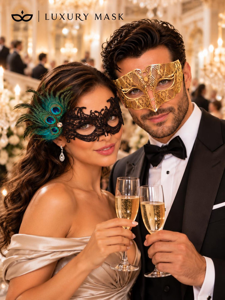 Gold Diamond Venetian Mask for Men & Black Peacock Lace Mask for Women | Dramatic His and Hers Masquerade Set - product view 3