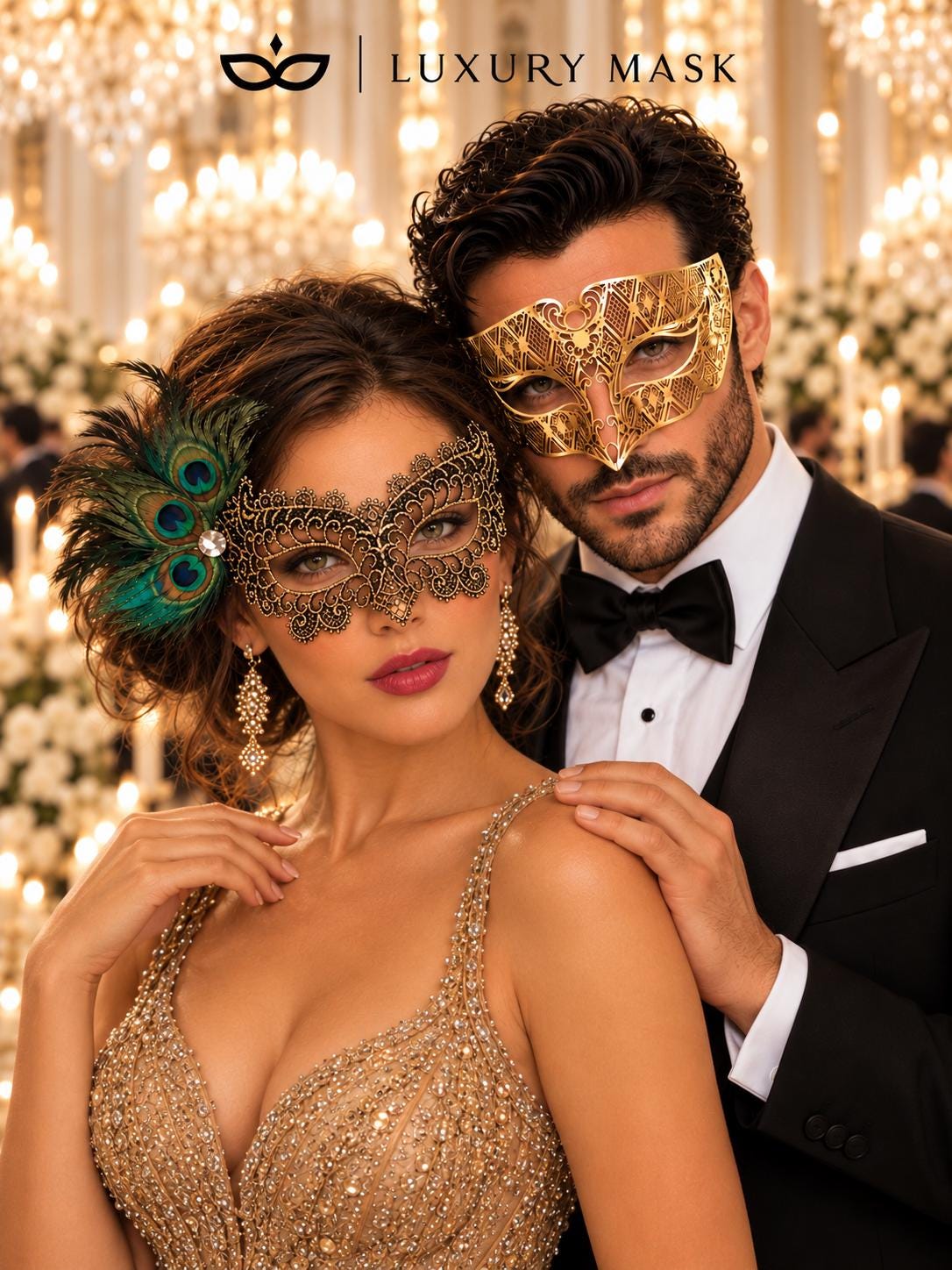 Gold Diamond Laser Cut Mask for Men & Black Gold Peacock Feather Lace Mask for Women - Venetian Couples Masquerade Set - product photo