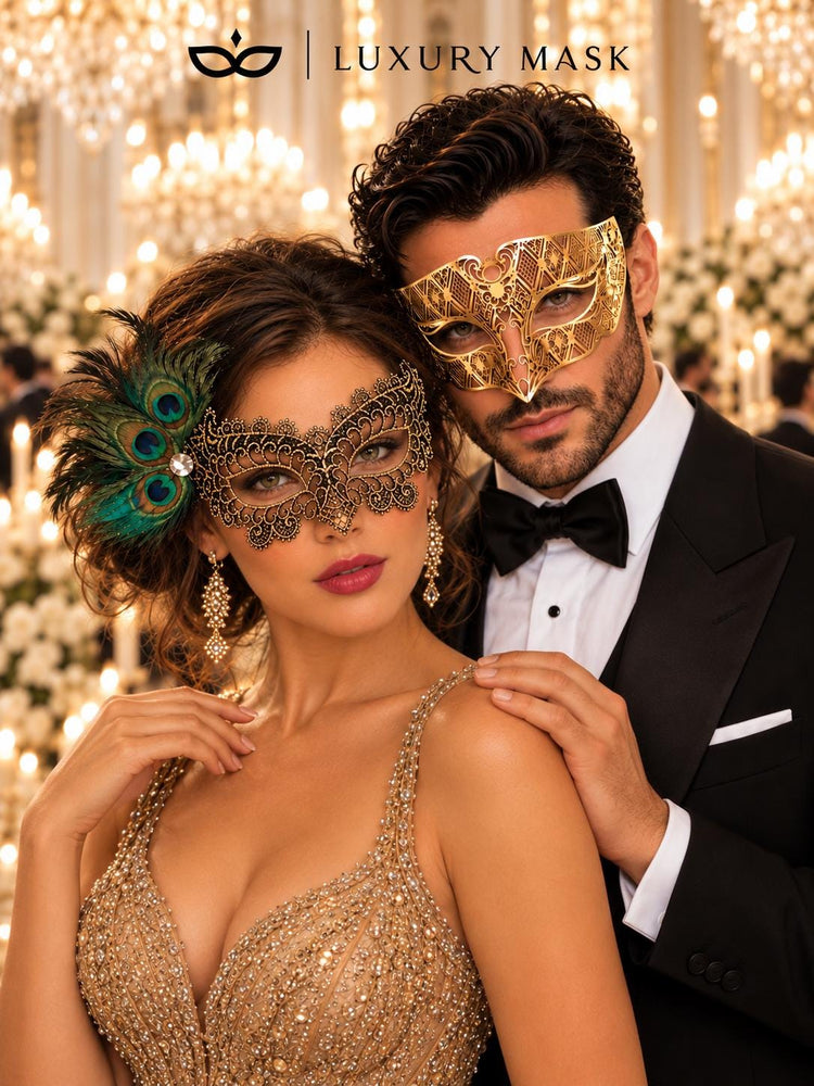 Gold Diamond Laser Cut Mask for Men & Black Gold Peacock Feather Lace Mask for Women - Venetian Couples Masquerade Set - product photo