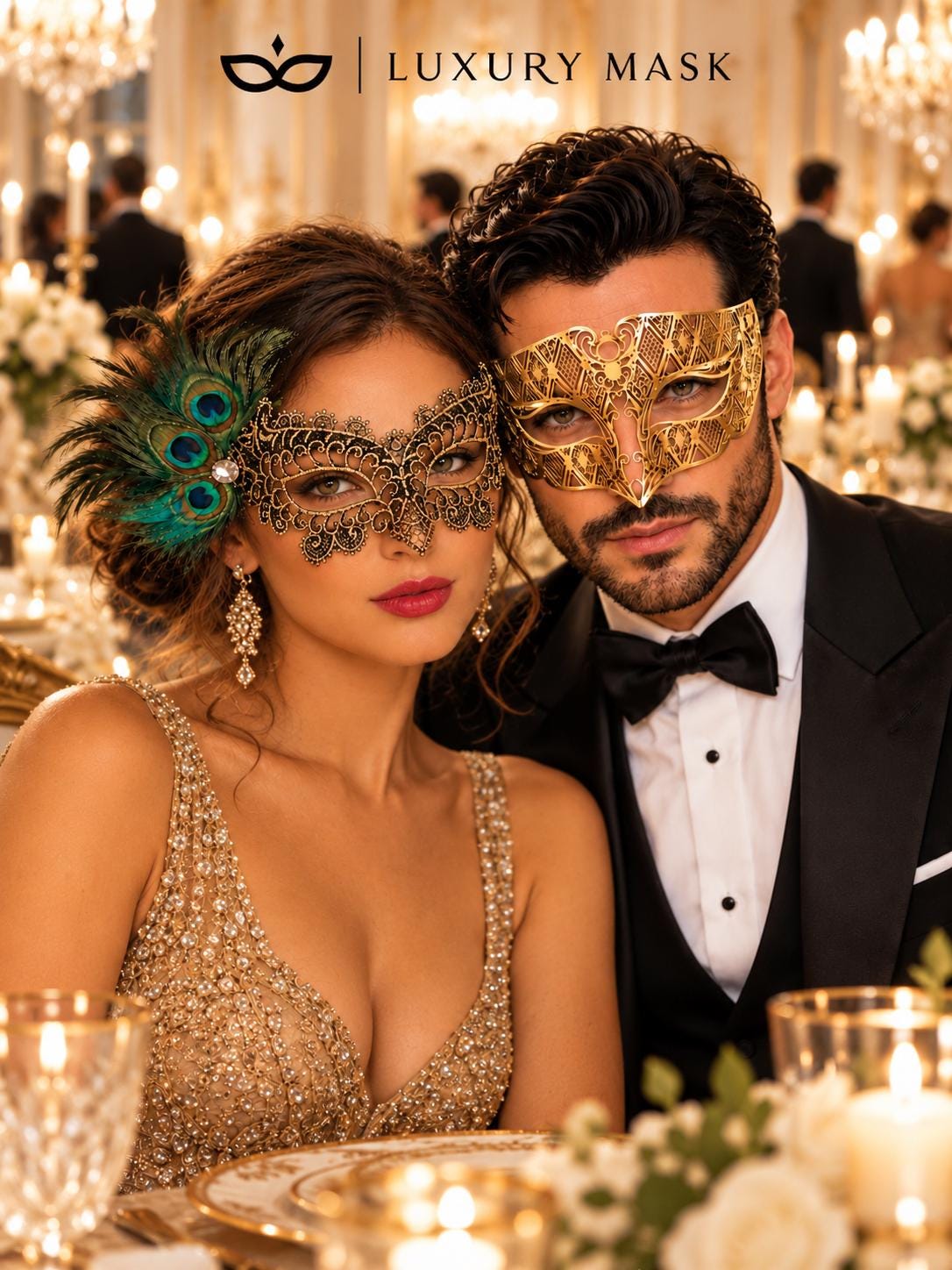Gold Diamond Laser Cut Mask for Men & Black Gold Peacock Feather Lace Mask for Women - Venetian Couples Masquerade Set - product photo