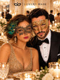 Gold Diamond Laser Cut Mask for Men & Black Gold Peacock Feather Lace Mask for Women - Venetian Couples Masquerade Set - product photo