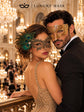Gold Diamond Laser Cut Mask for Men & Black Gold Peacock Feather Lace Mask for Women - Venetian Couples Masquerade Set - product photo