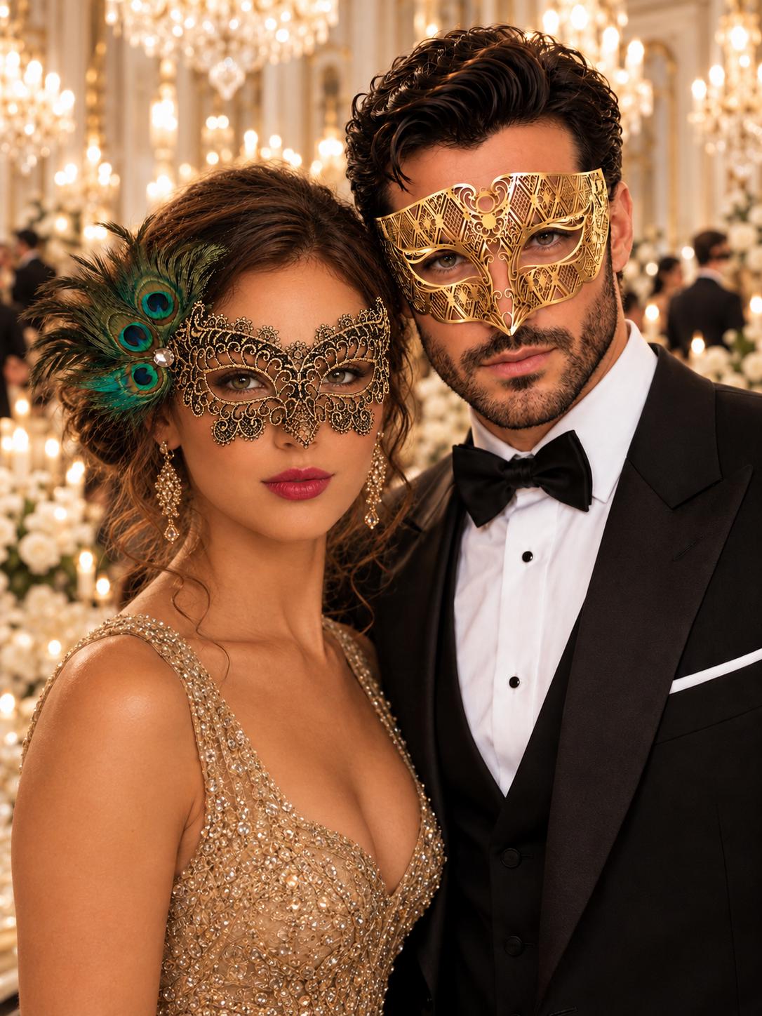Gold Diamond Laser Cut Mask for Men & Black Gold Peacock Feather Lace Mask for Women - Venetian Couples Masquerade Set - main image