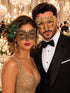 Gold Diamond Laser Cut Mask for Men & Black Gold Peacock Feather Lace Mask for Women - Venetian Couples Masquerade Set - main image