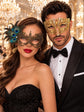 All Gold Masquerade Masks for Couples | Diamond Laser Cut Venetian Mask for Men & Peacock Feather Lace Mask for Women - product view 2