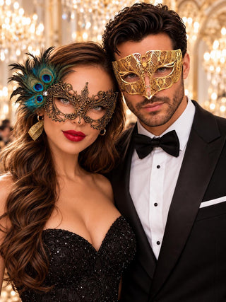 All Gold Masquerade Masks for Couples | Diamond Laser Cut Venetian Mask for Men & Peacock Feather Lace Mask for Women
