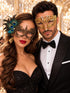 All Gold Masquerade Masks for Couples | Diamond Laser Cut Venetian Mask for Men & Peacock Feather Lace Mask for Women