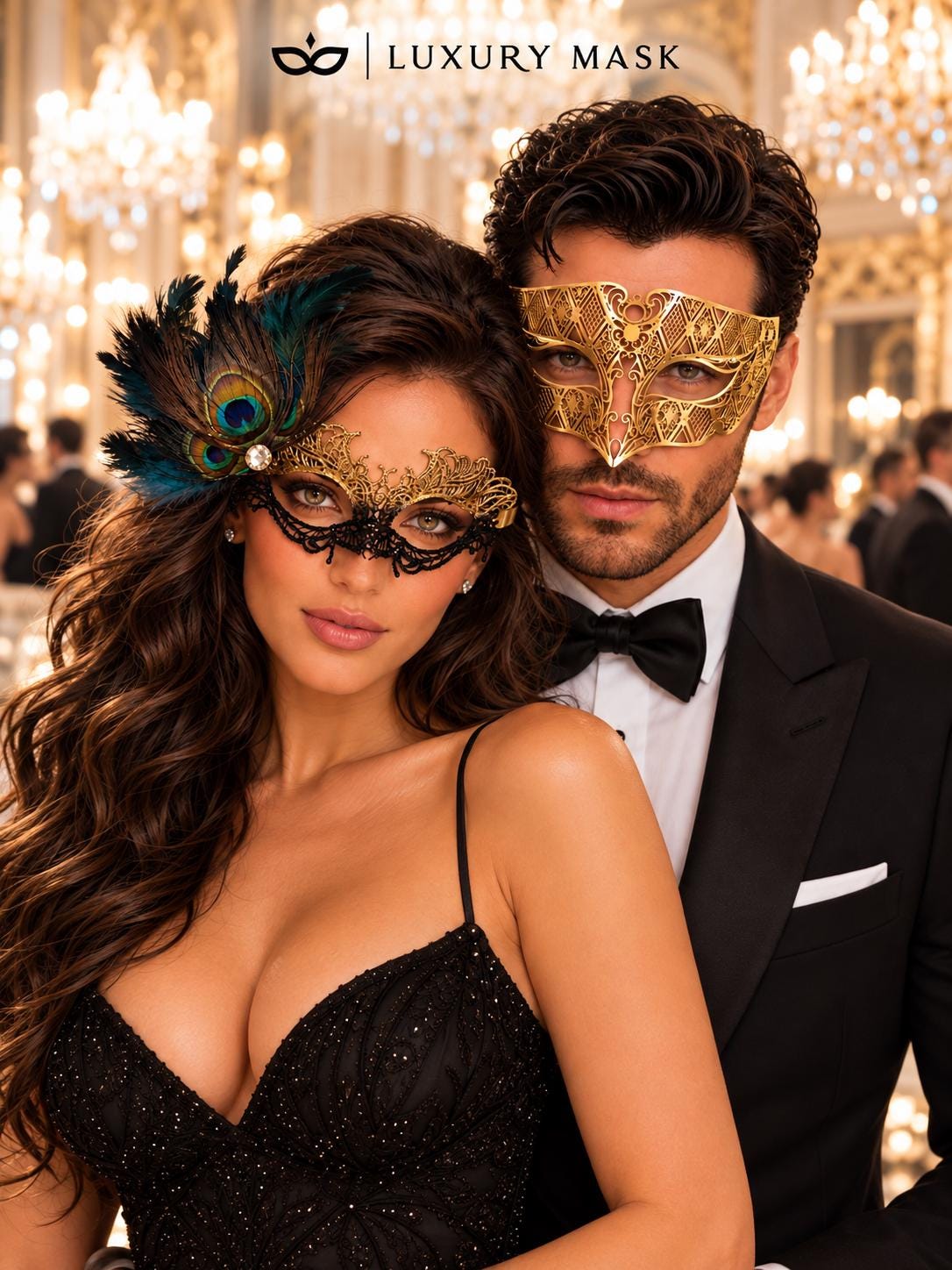 Gold Venetian Mask for Men with Black Gold Peacock Lace Mask for Women | Diamond Cut His & Hers Masquerade Masks - product view 3
