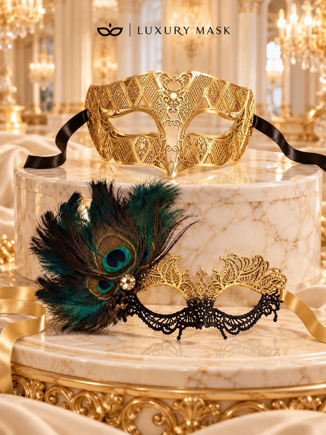 Gold Venetian Mask for Men with Black Gold Peacock Lace Mask for Women | Diamond Cut His & Hers Masquerade Masks - product view 6