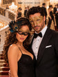 Gold Venetian Mask for Men with Black Gold Peacock Lace Mask for Women | Diamond Cut His & Hers Masquerade Masks