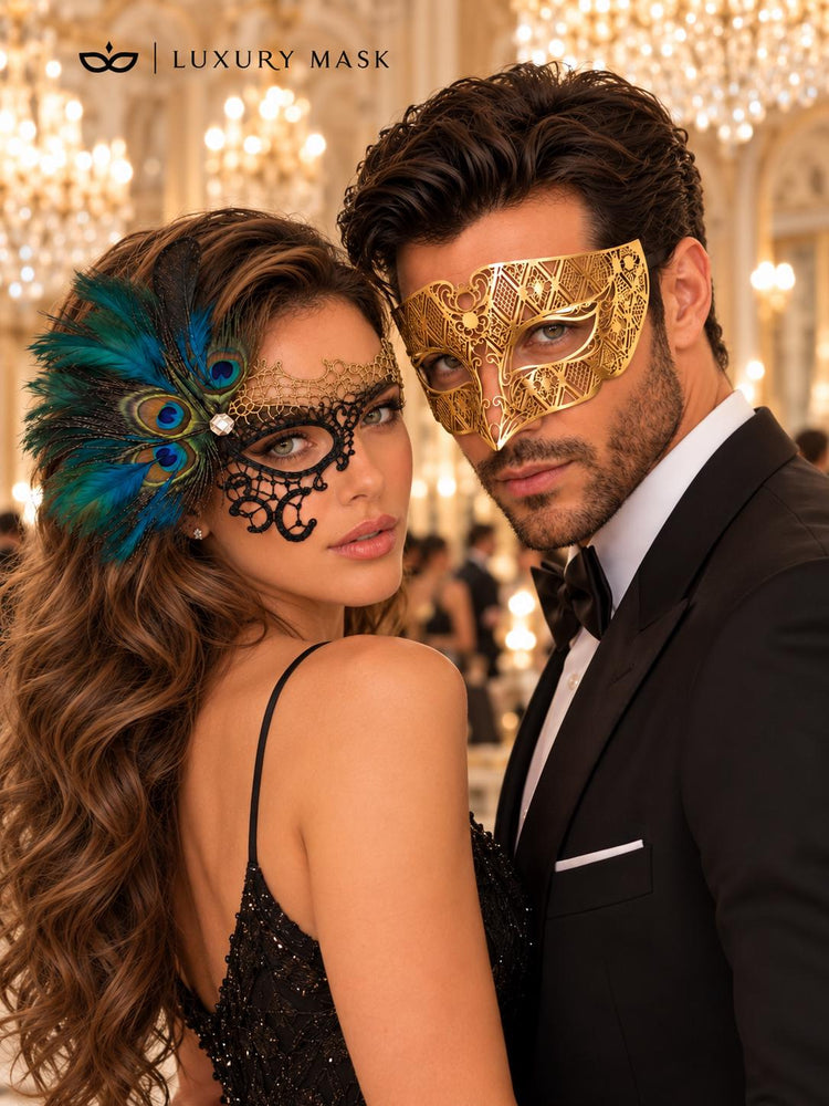 Black Gold Phantom Peacock Mask for Women & Gold Diamond Venetian Mask for Men | Feathered Lace Masquerade Couple Set - product view 2