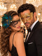 Black Gold Phantom Peacock Mask for Women & Gold Diamond Venetian Mask for Men | Feathered Lace Masquerade Couple Set - product view 2