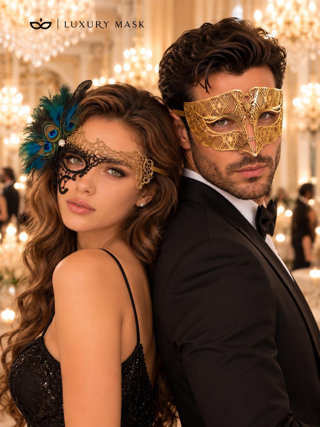 Black Gold Phantom Peacock Mask for Women & Gold Diamond Venetian Mask for Men | Feathered Lace Masquerade Couple Set - product view 5