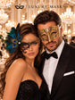 Black Gold Phantom Peacock Feather Mask for Women & Gold Diamond Clear Stone Mask for Men - Venetian Couples Masquerade Set - product photo