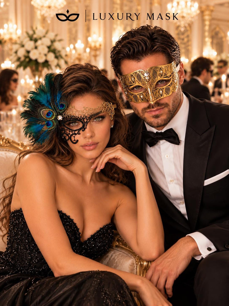 Black Gold Phantom Peacock Feather Mask for Women & Gold Diamond Clear Stone Mask for Men - Venetian Couples Masquerade Set - product photo
