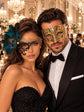 Black Gold Phantom Peacock Feather Mask for Women & Gold Diamond Clear Stone Mask for Men - Venetian Couples Masquerade Set - main image